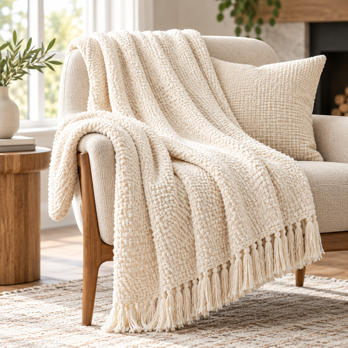 Chunky Woven Cream Throw Blanket — main image