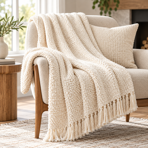 Chunky Woven Cream Throw Blanket — main image