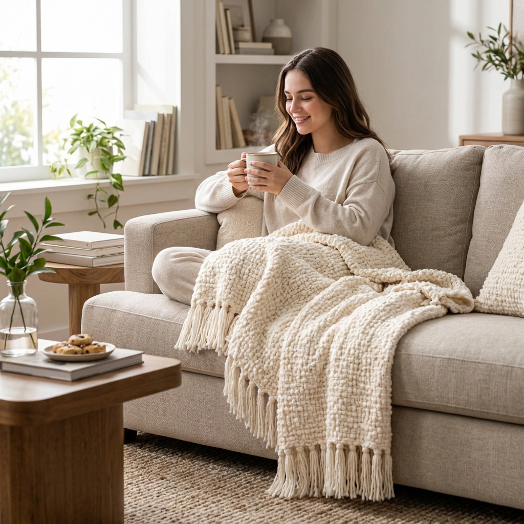 Chunky Woven Cream Throw Blanket — detail 1