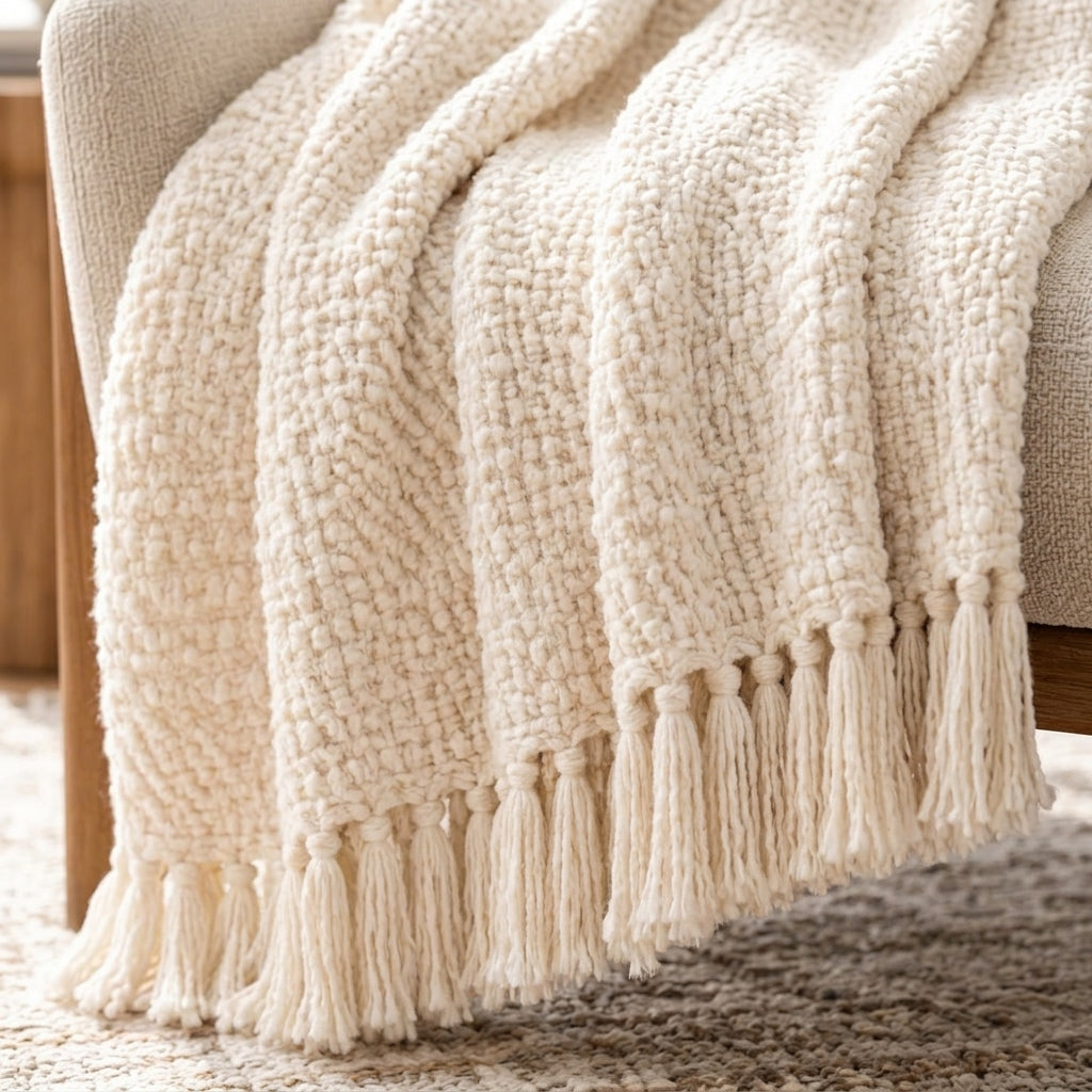 Chunky Woven Cream Throw Blanket — detail 2