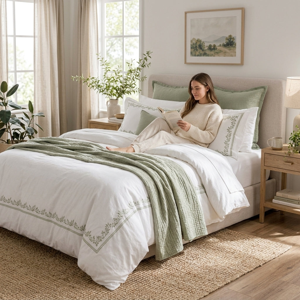 White & Sage Botanical Duvet Cover Set — detail 1